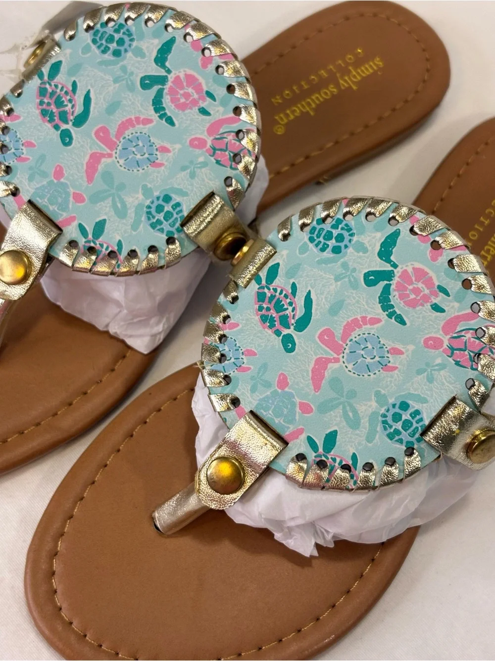 NWT Simply Southern Floral Gold Reversible Sandals - Blue/Pink SZ 6